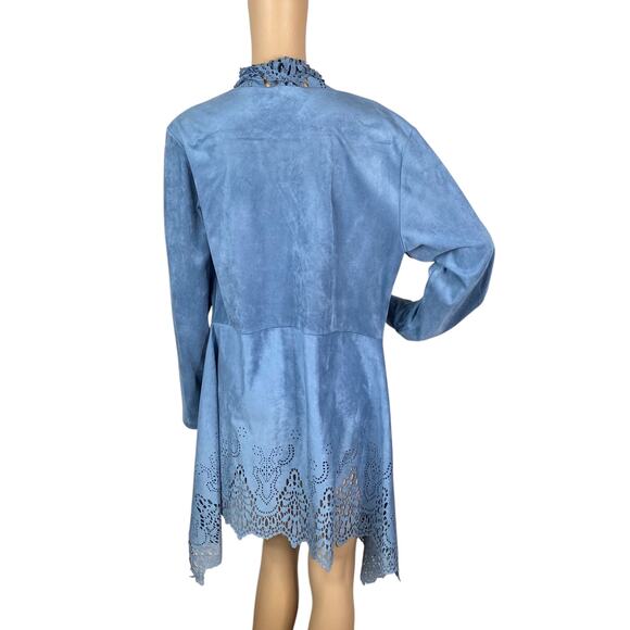 Alberto Makali Light Blue Faux Suede Laser Cut Waterfall Flyaway Cardigan SZ L - Picture 7 of 13